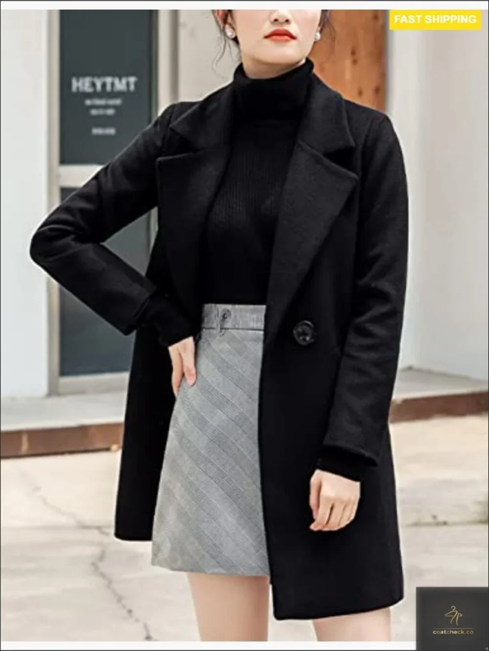 Elegant Notched Collar Wool Blend Long Pea Coat Overcoat Slim Fit Classic